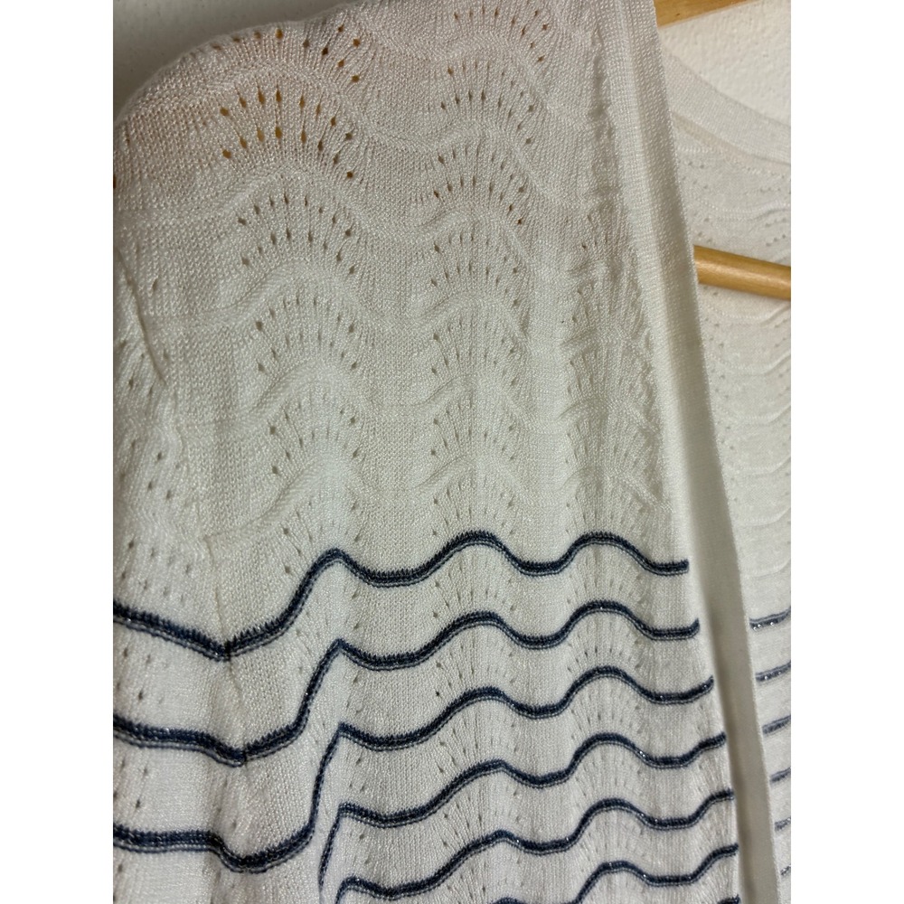 Chico's Open Front Knit Cardigan White Blue Wave Stripe Shimmer 3/4 Sleeve 2 - Picture 4 of 10